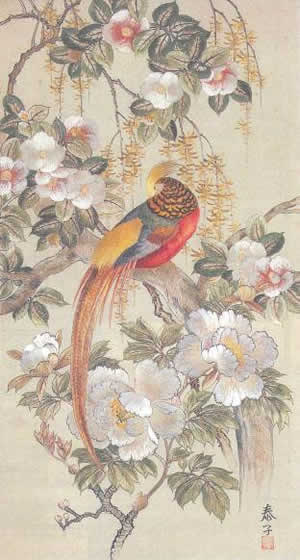 以第一轉嫘縈紗刺繡的花鳥圖 (由首任會長的妻子 Yunosuke Yasukawa 製作,約為 120 公分高 × 80 公分寬),如今仍保存在東麗公司歷史博物館中 (滋賀))